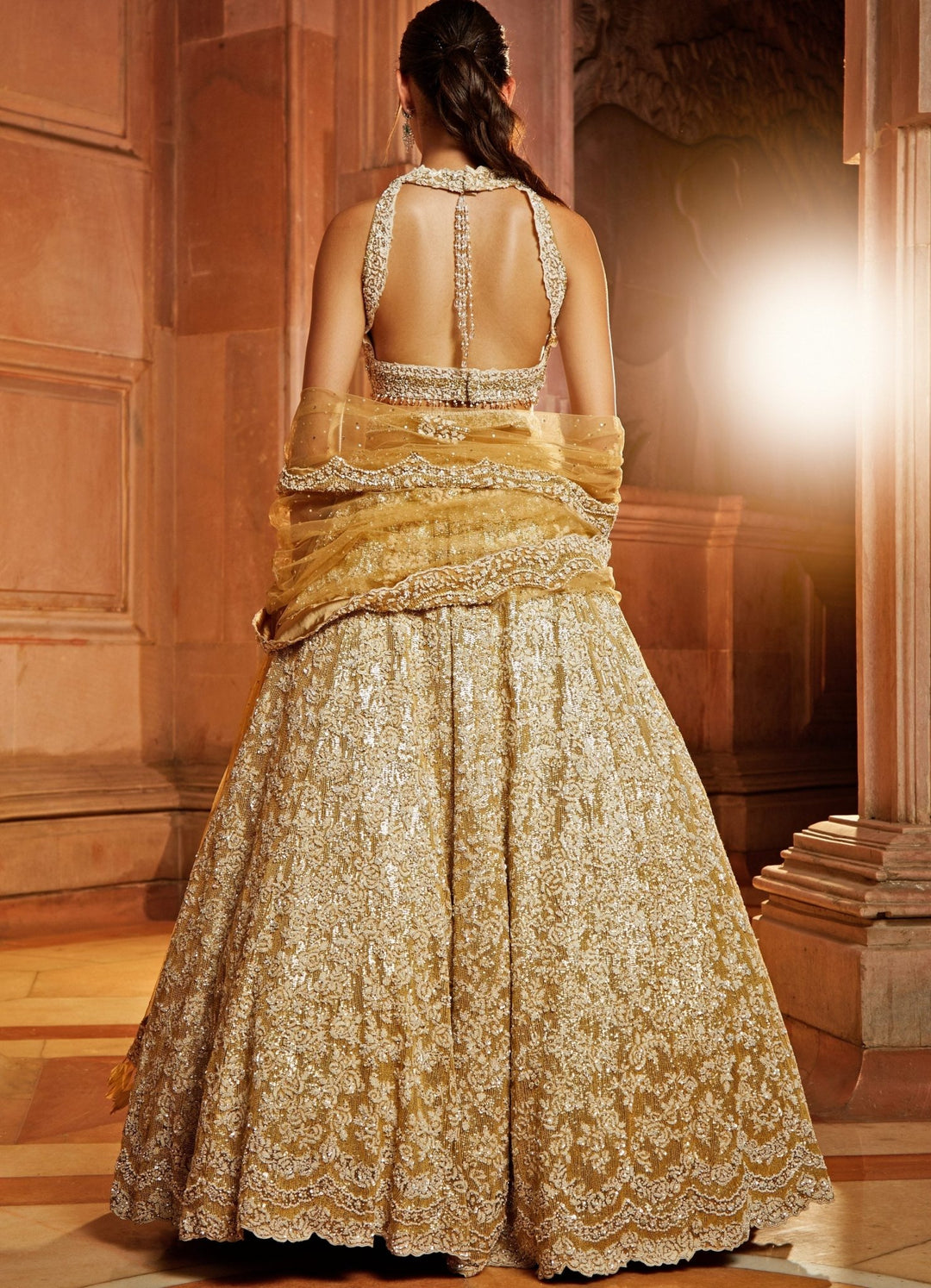 Champagne Gold Tulle Lehenga Set With Embellished Belt Nitika Gujral - Fabilicious Fashion