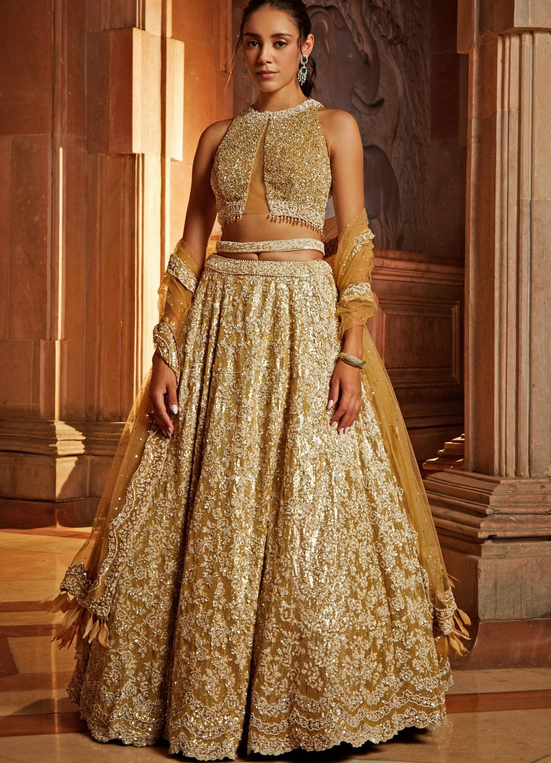 Champagne Gold Tulle Lehenga Set With Embellished Belt Nitika Gujral - Fabilicious Fashion