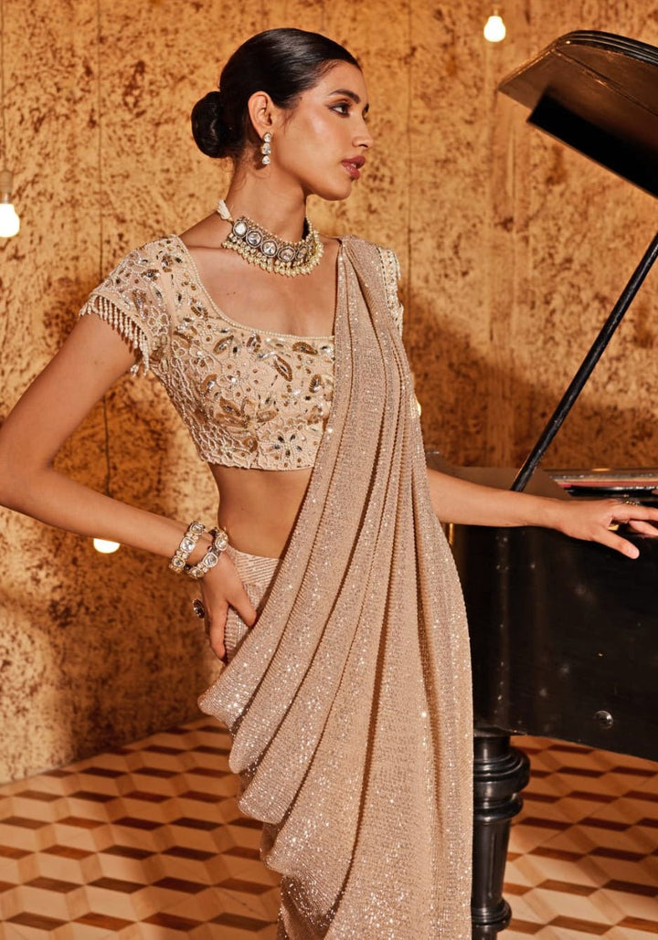 Champagne Organza Pre Drape Saree Set Nidhika Shekhar - Fabilicious Fashion
