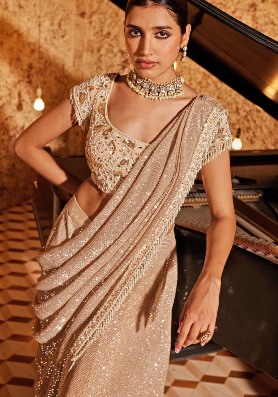 Champagne Organza Pre Drape Saree Set Nidhika Shekhar - Fabilicious Fashion