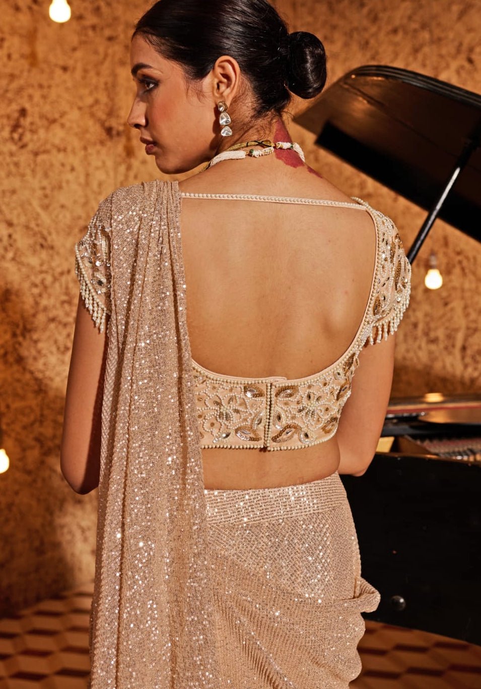 Champagne Organza Pre Drape Saree Set Nidhika Shekhar - Fabilicious Fashion