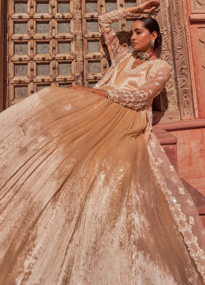 Champagne Pearl Embellished Anarkali With Cape Nidhika Shekhar - Fabilicious Fashion