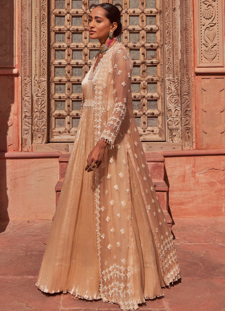 Champagne Pearl Embellished Anarkali With Cape Nidhika Shekhar - Fabilicious Fashion