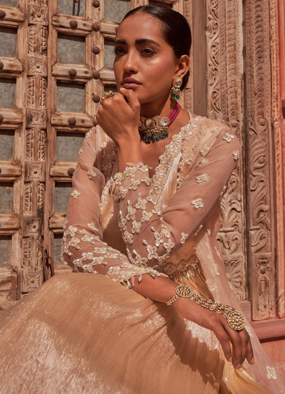 Champagne Pearl Embellished Anarkali With Cape Nidhika Shekhar - Fabilicious Fashion