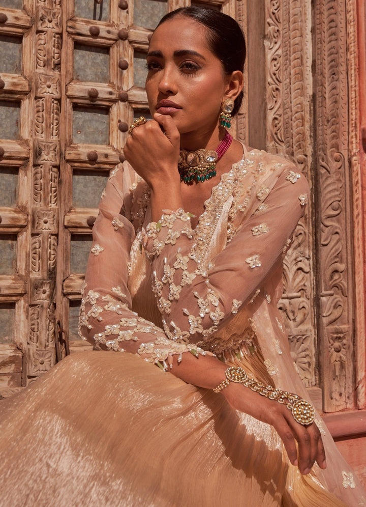 Champagne Pearl Embellished Anarkali With Cape Nidhika Shekhar - Fabilicious Fashion