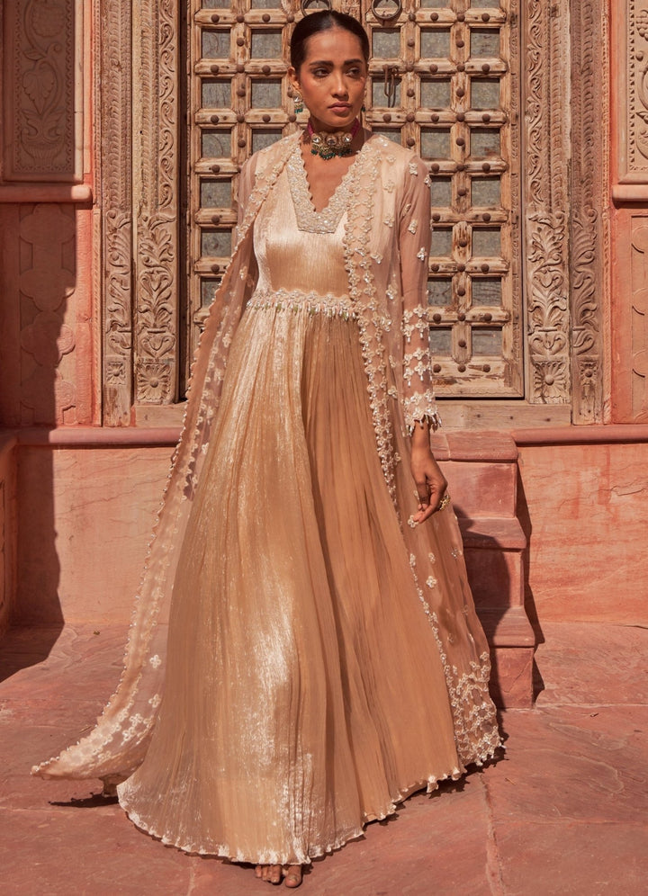 Champagne Pearl Embellished Anarkali With Cape Nidhika Shekhar - Fabilicious Fashion