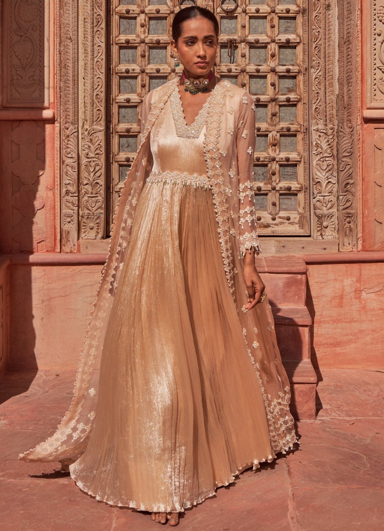 Champagne Pearl Embellished Anarkali With Cape - Nidhika Shekhar