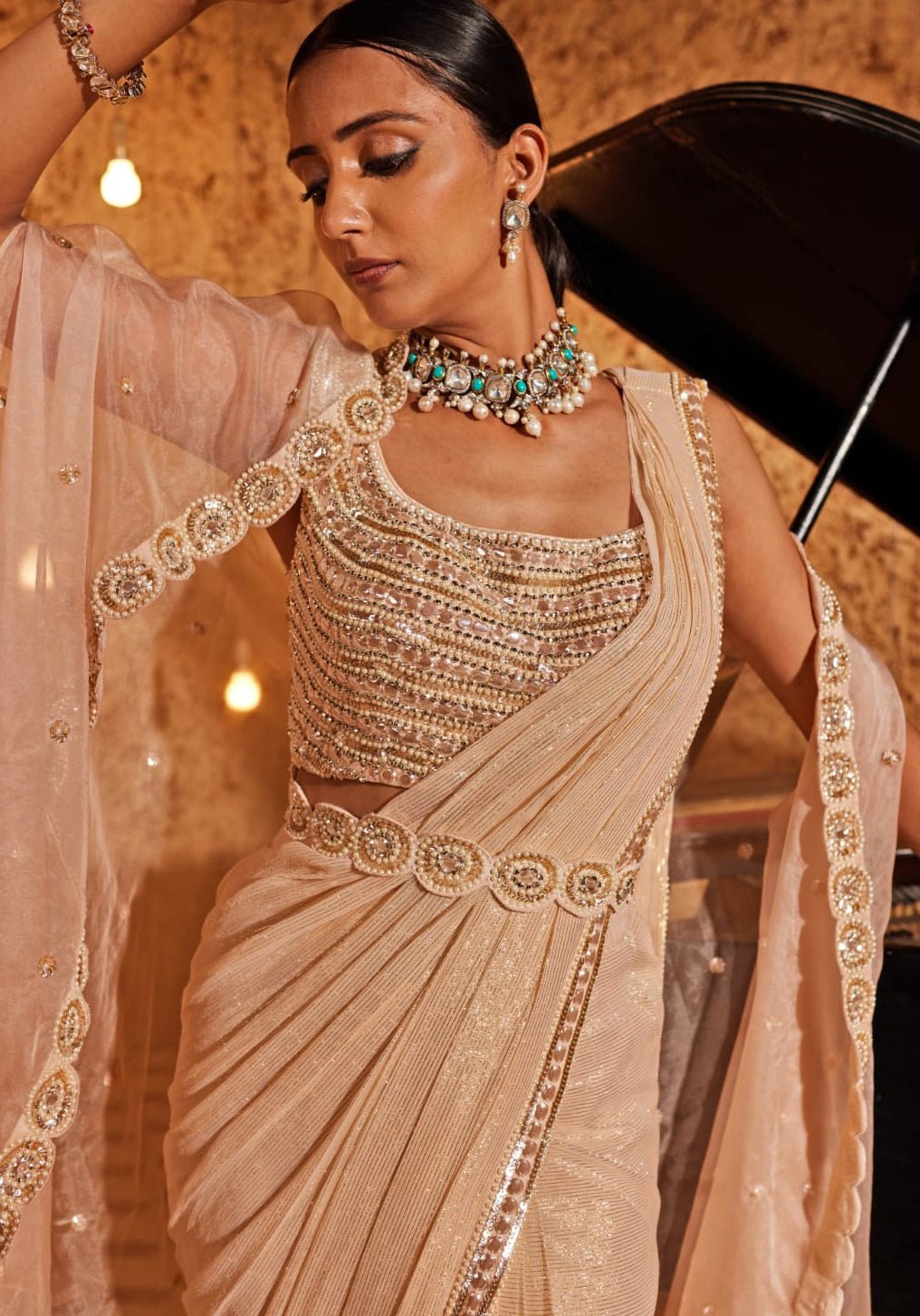 Champagne Saree with Cape and Blouse Nidhika Shekhar - Fabilicious Fashion