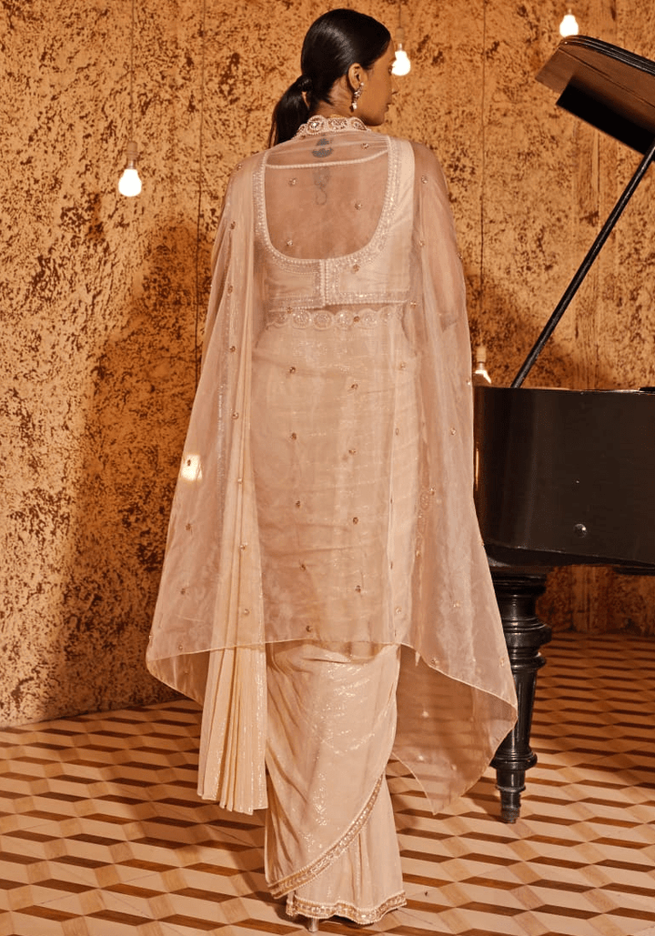 Champagne Saree with Cape and Blouse Nidhika Shekhar - Fabilicious Fashion