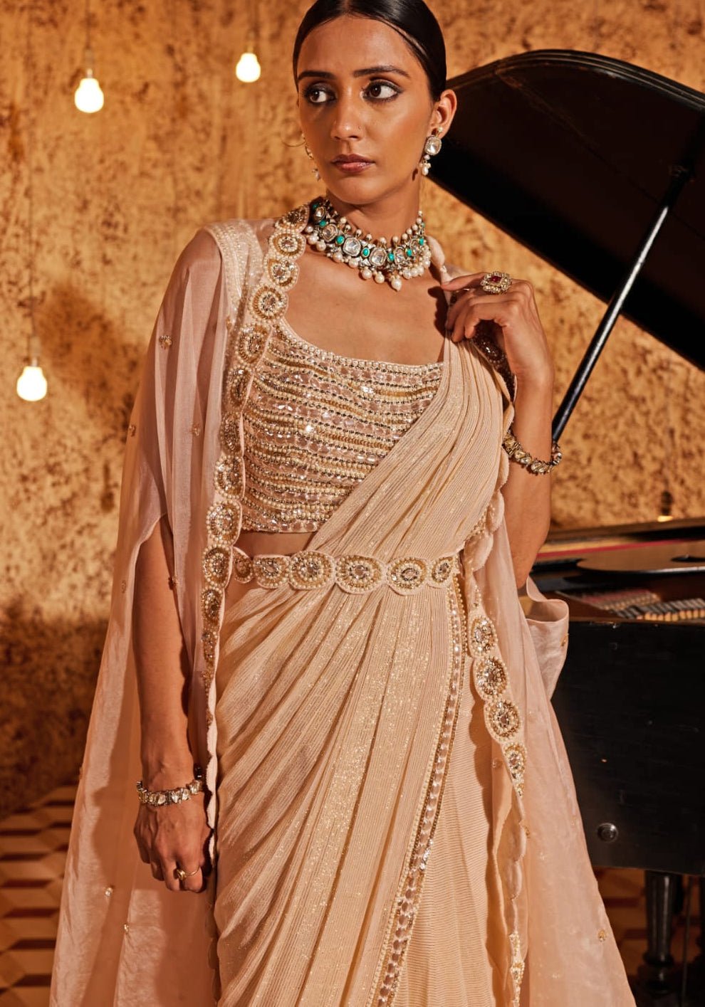 Champagne Saree with Cape and Blouse Nidhika Shekhar - Fabilicious Fashion