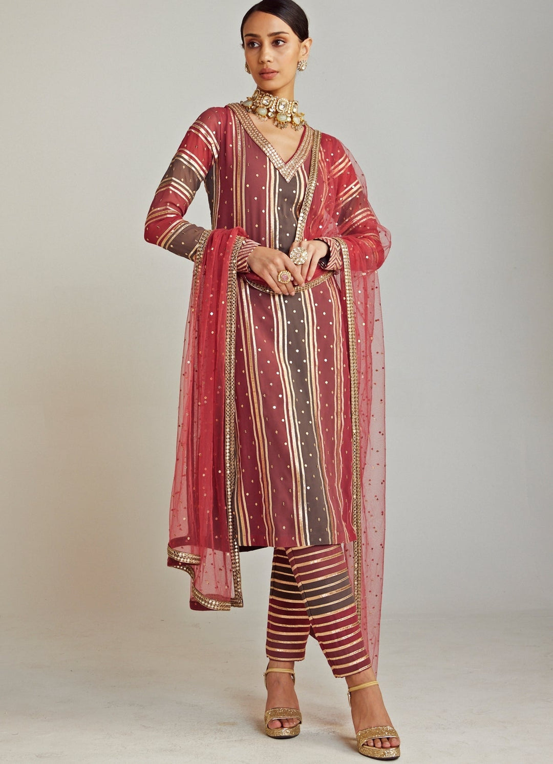 Charcoal Grey and Red Straight Kurta Pant Set With Red Dupatta Vvani By Vani Vats - Fabilicious Fashion