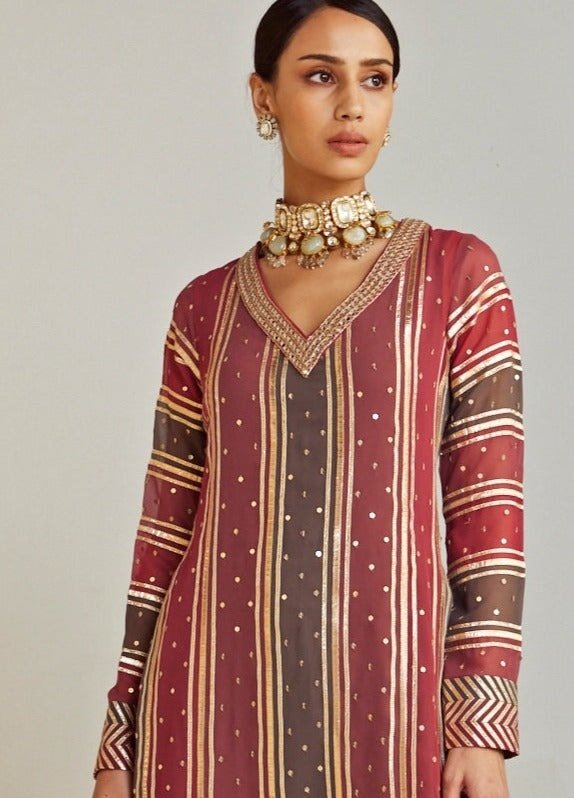 Charcoal Grey and Red Straight Kurta Pant Set With Red Dupatta Vvani By Vani Vats - Fabilicious Fashion
