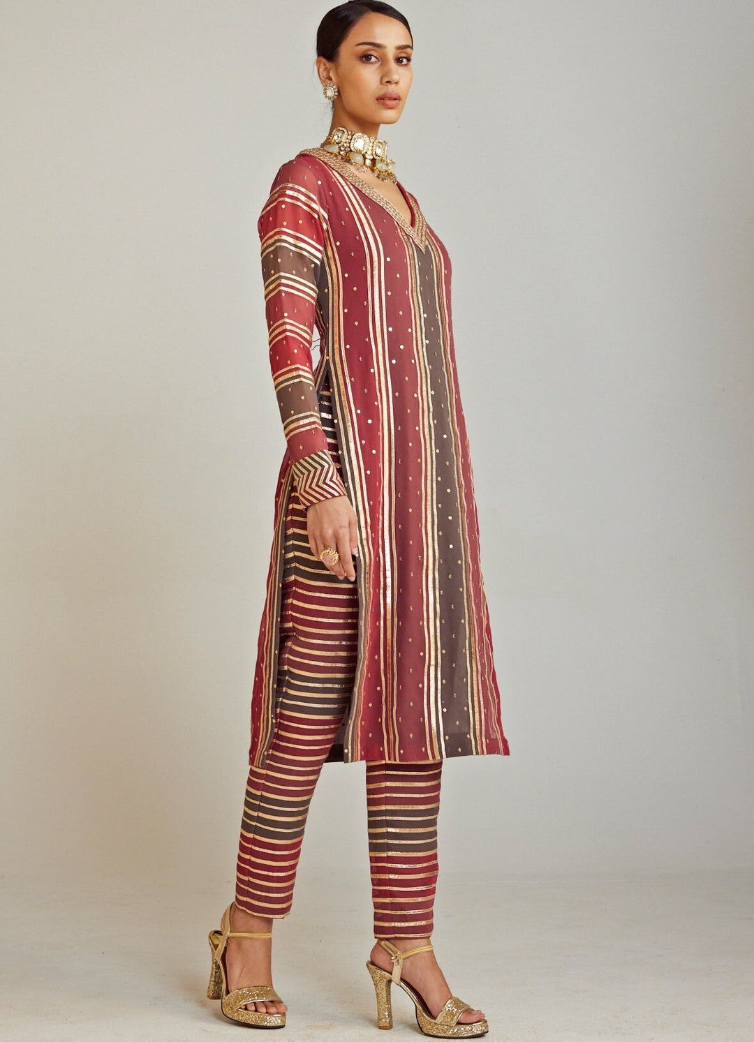 Charcoal Grey and Red Straight Kurta Pant Set With Red Dupatta Vvani By Vani Vats - Fabilicious Fashion