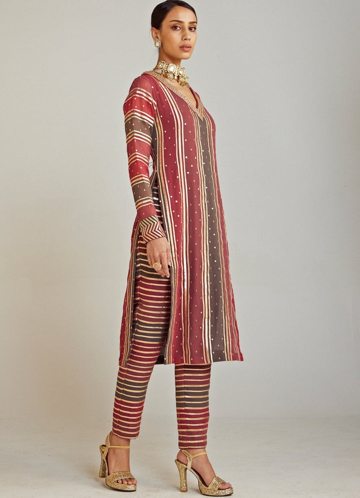 Charcoal Grey and Red Straight Kurta Pant Set With Red Dupatta Vvani By Vani Vats - Fabilicious Fashion
