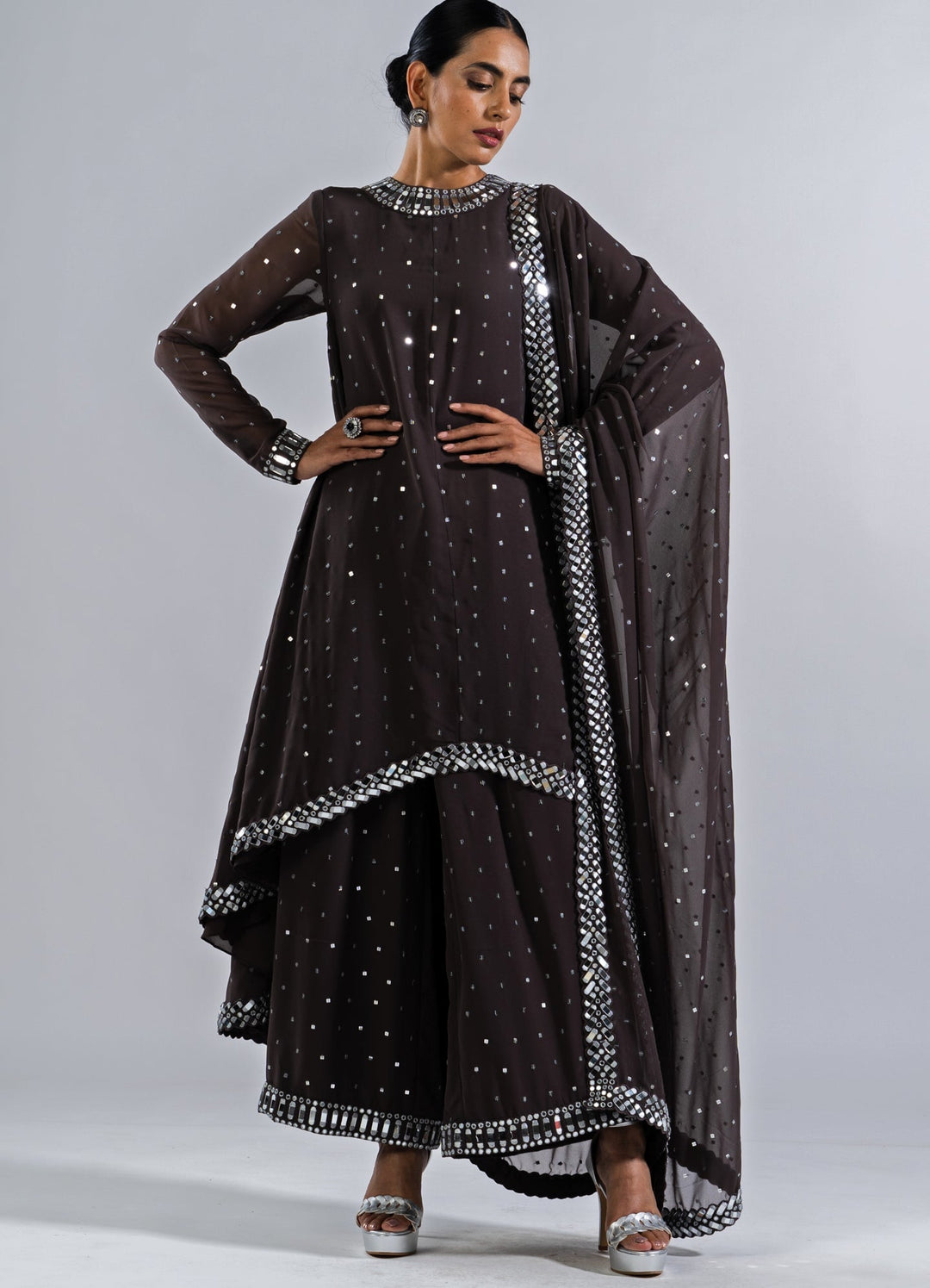 Charcoal Grey Asymetrical Kurta Set With Dupatta Vvani by Vani Vats - Fabilicious Fashion
