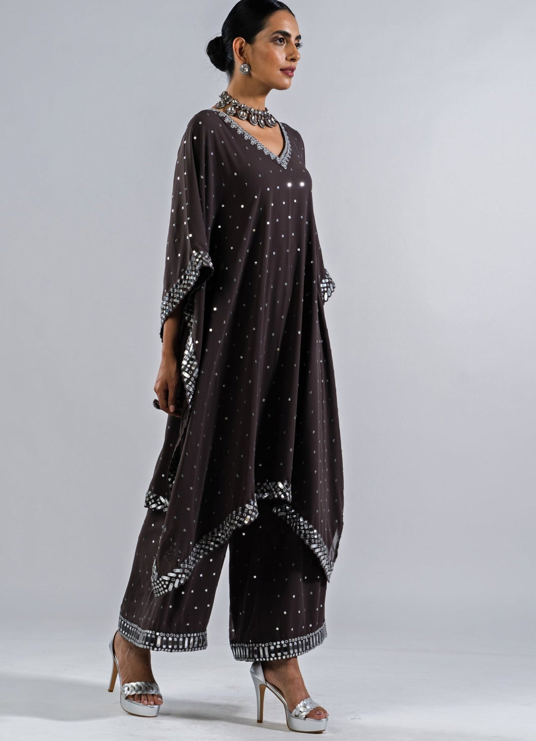 Charcoal Grey Asymetrical Kurta Set With Dupatta Vvani by Vani Vats - Fabilicious Fashion