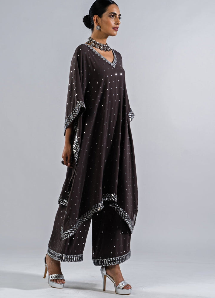 Charcoal Grey Asymetrical Kurta Set With Dupatta Vvani by Vani Vats - Fabilicious Fashion