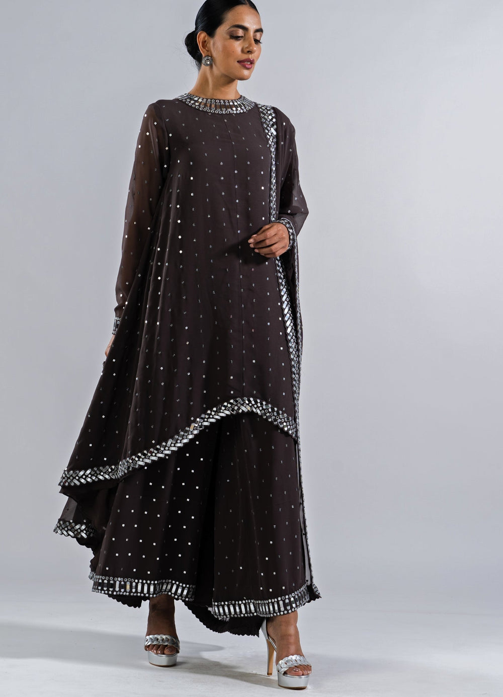 Charcoal Grey Asymetrical Kurta Set With Dupatta Vvani by Vani Vats - Fabilicious Fashion