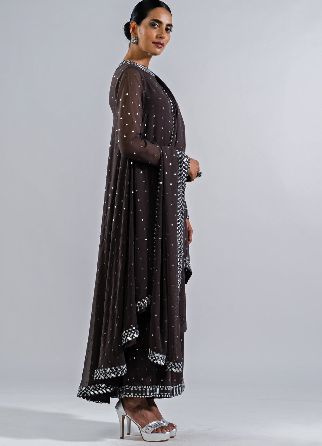 Charcoal Grey Asymetrical Kurta Set With Dupatta Vvani by Vani Vats - Fabilicious Fashion