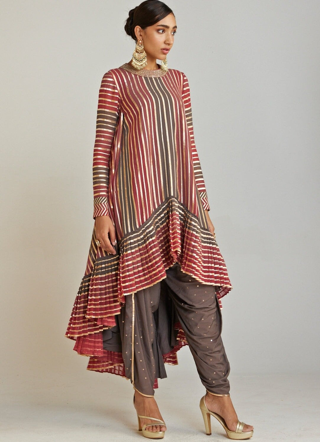 Charcoal Grey Asymmetrical Kurta Dhoti Set With Red Dupatta Vvani By Vani Vats - Fabilicious Fashion