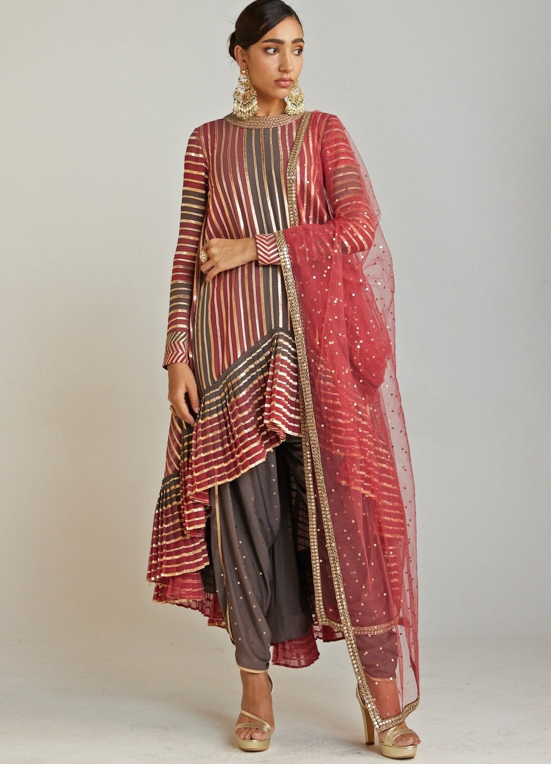 Charcoal Grey Asymmetrical Kurta Dhoti Set With Red Dupatta Vvani By Vani Vats - Fabilicious Fashion