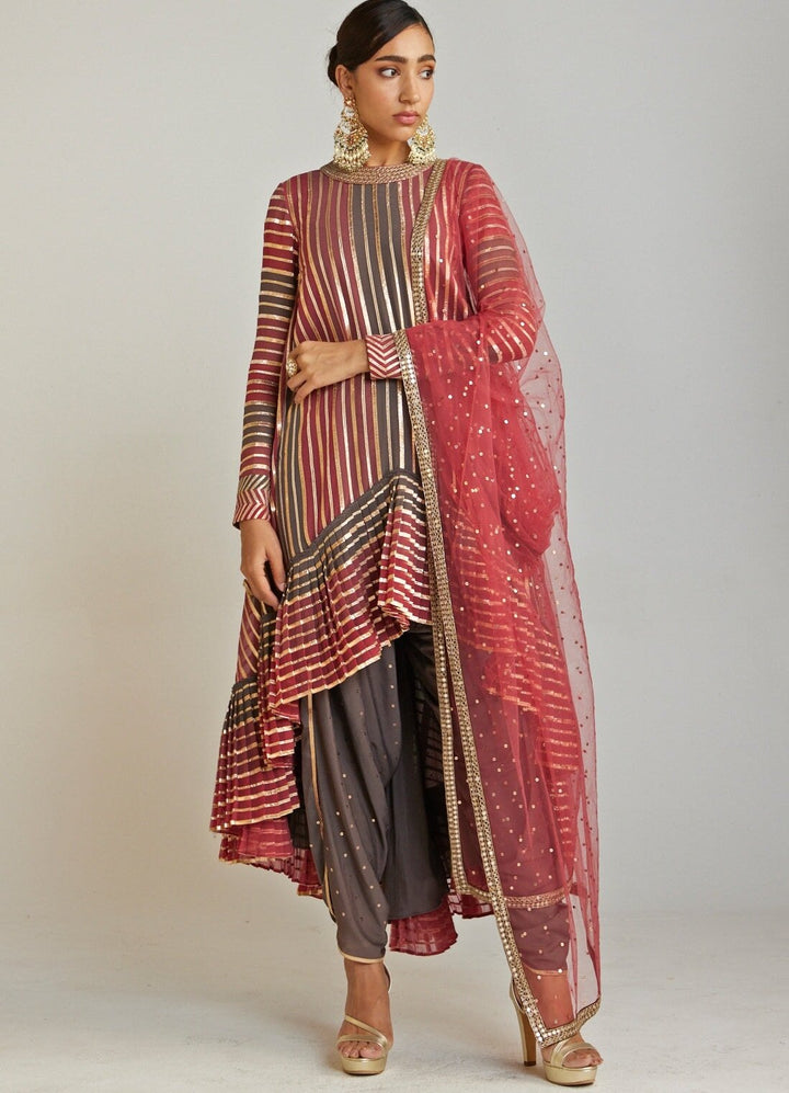 Charcoal Grey Asymmetrical Kurta Dhoti Set With Red Dupatta Vvani By Vani Vats - Fabilicious Fashion