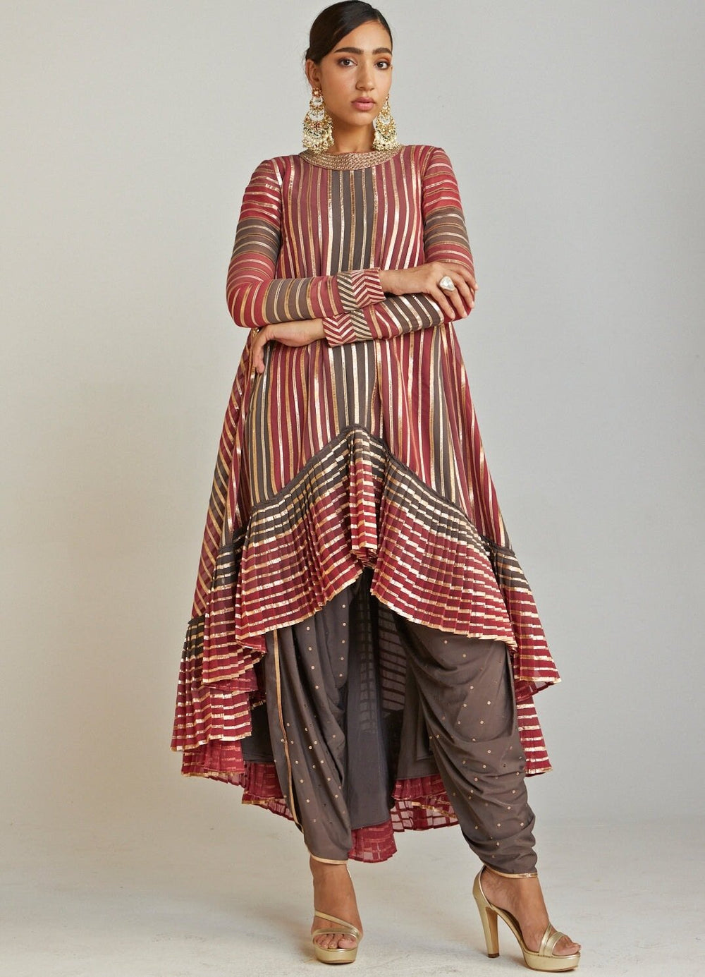 Charcoal Grey Asymmetrical Kurta Dhoti Set With Red Dupatta Vvani By Vani Vats - Fabilicious Fashion