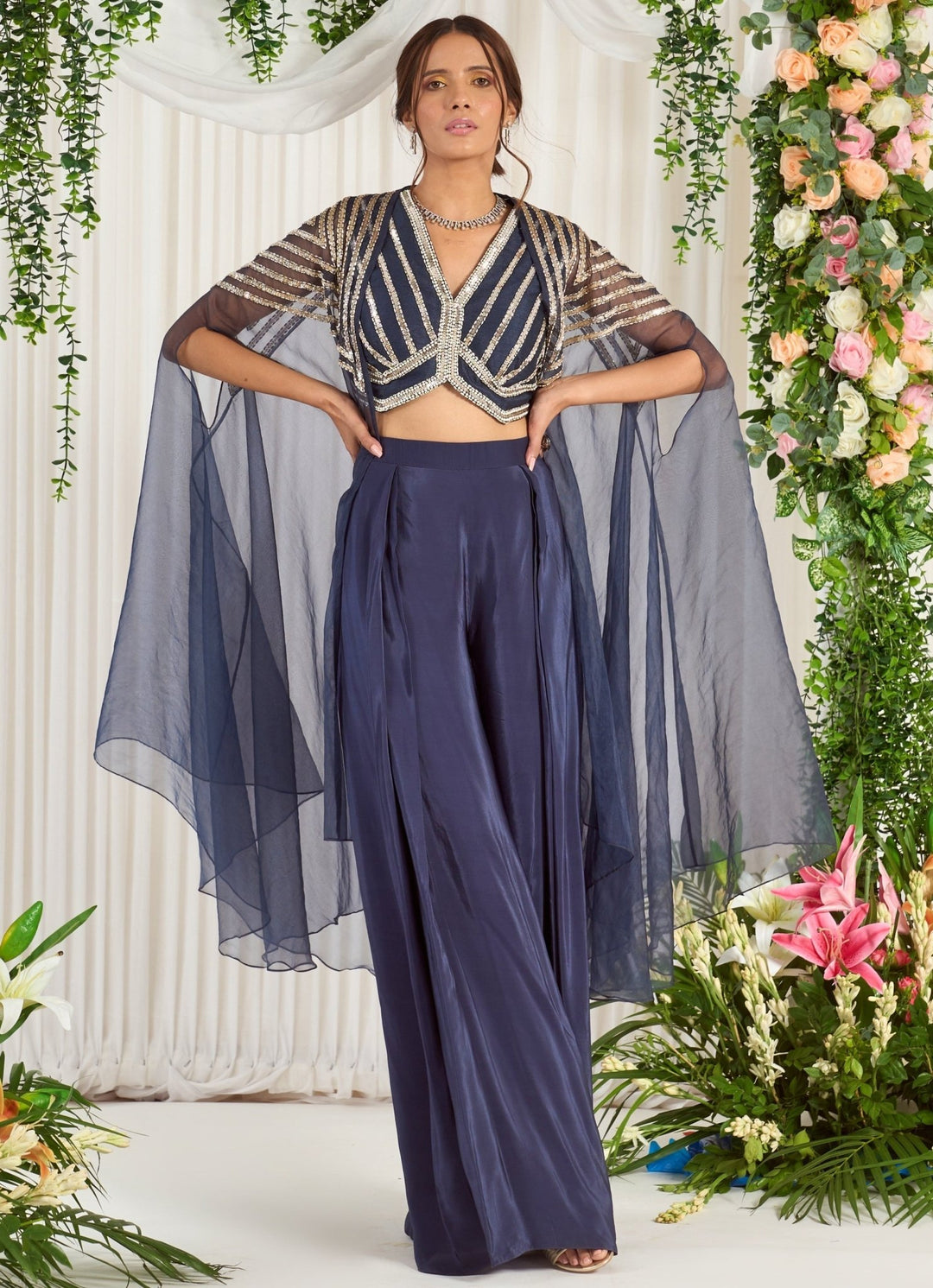 Charcoal Grey Embellished Silk Blouse With Palazzo Nidhika Shekhar - Fabilicious Fashion