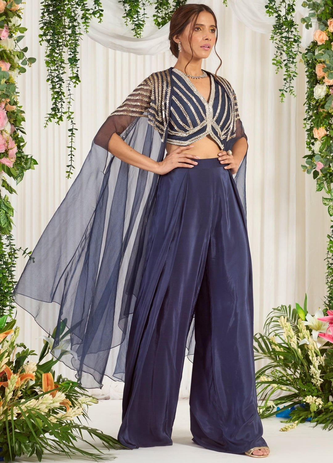 Charcoal Grey Embellished Silk Blouse With Palazzo Nidhika Shekhar - Fabilicious Fashion