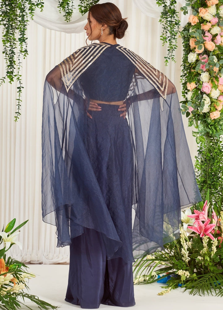 Charcoal Grey Embellished Silk Blouse With Palazzo Nidhika Shekhar - Fabilicious Fashion