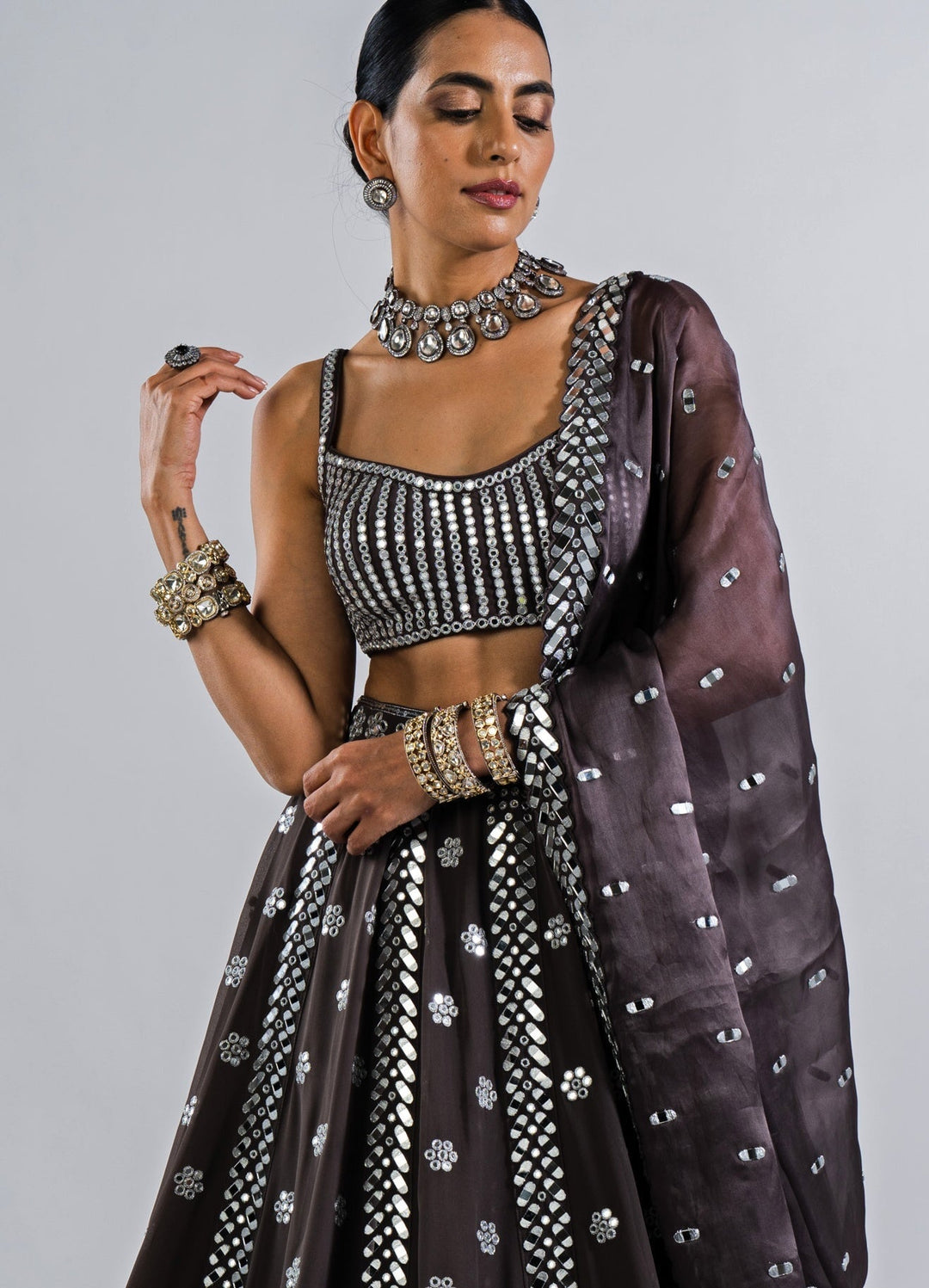 Charcoal Grey Flower Lehenga With a strappy mirror blouse Vvani by Vani Vats - Fabilicious Fashion