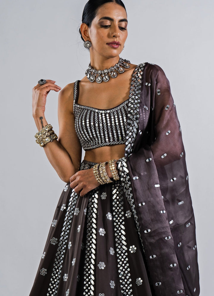 Charcoal Grey Flower Lehenga With a strappy mirror blouse Vvani by Vani Vats - Fabilicious Fashion
