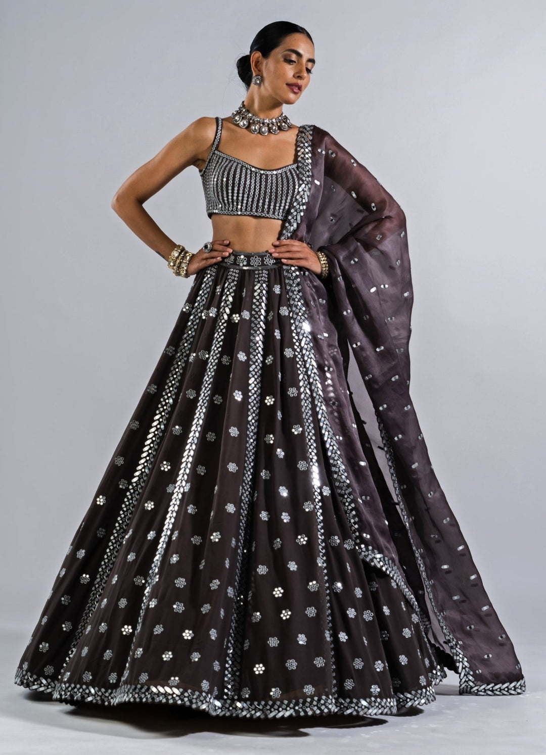 Charcoal Grey Flower Lehenga With a strappy mirror blouse Vvani by Vani Vats - Fabilicious Fashion