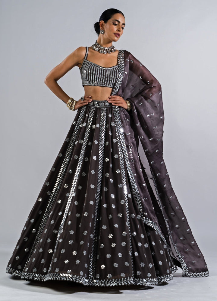 Charcoal Grey Flower Lehenga With a strappy mirror blouse Vvani by Vani Vats - Fabilicious Fashion