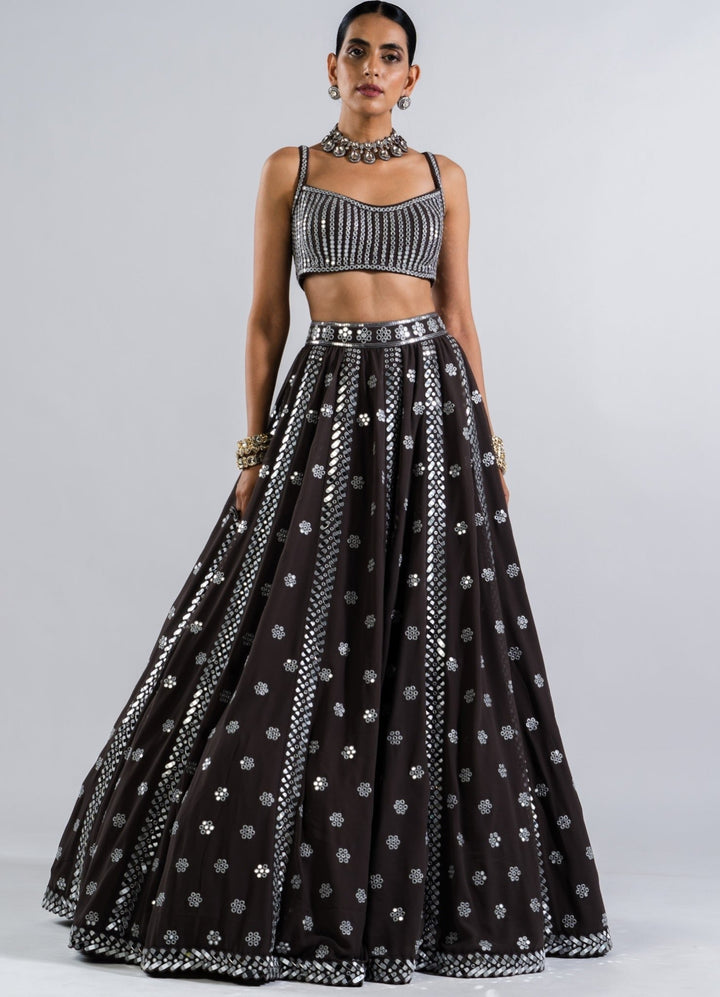 Charcoal Grey Flower Lehenga With a strappy mirror blouse Vvani by Vani Vats - Fabilicious Fashion