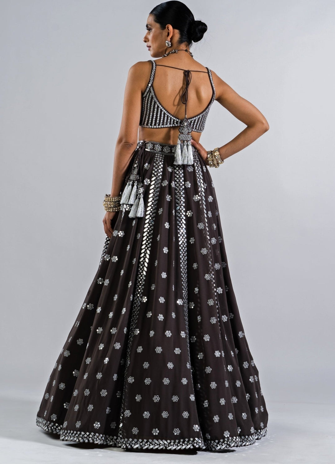 Charcoal Grey Flower Lehenga With a strappy mirror blouse Vvani by Vani Vats - Fabilicious Fashion