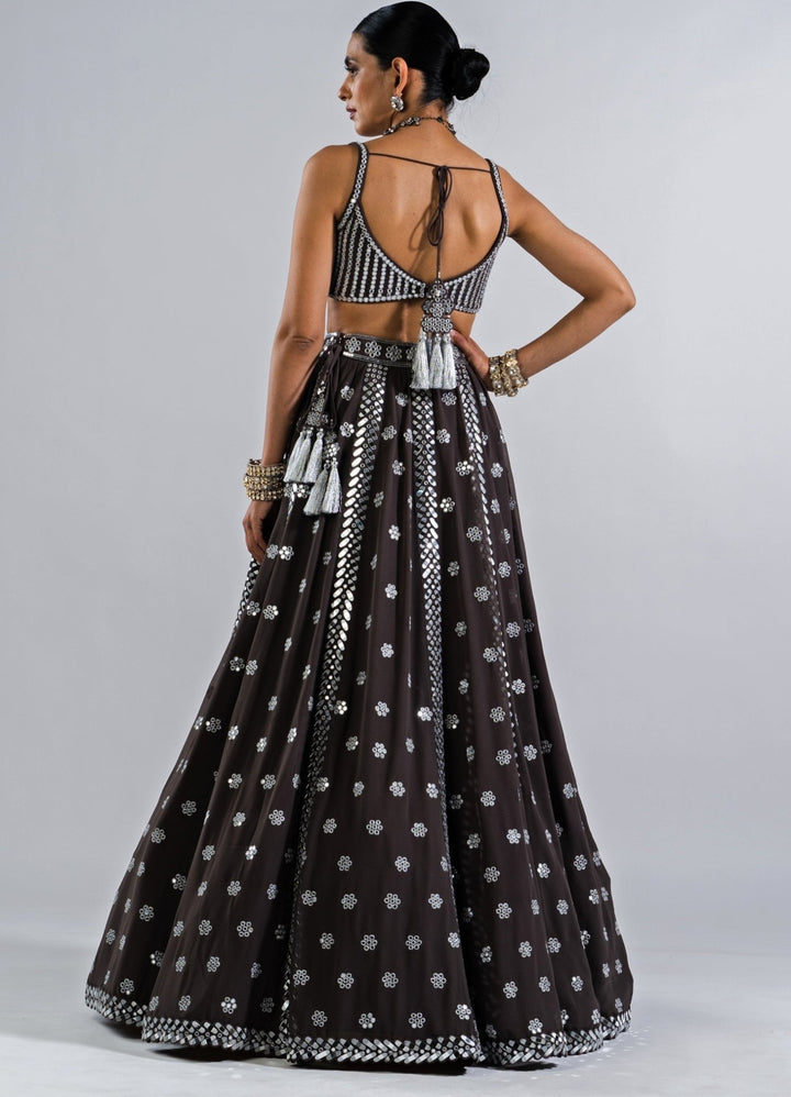 Charcoal Grey Flower Lehenga With a strappy mirror blouse Vvani by Vani Vats - Fabilicious Fashion