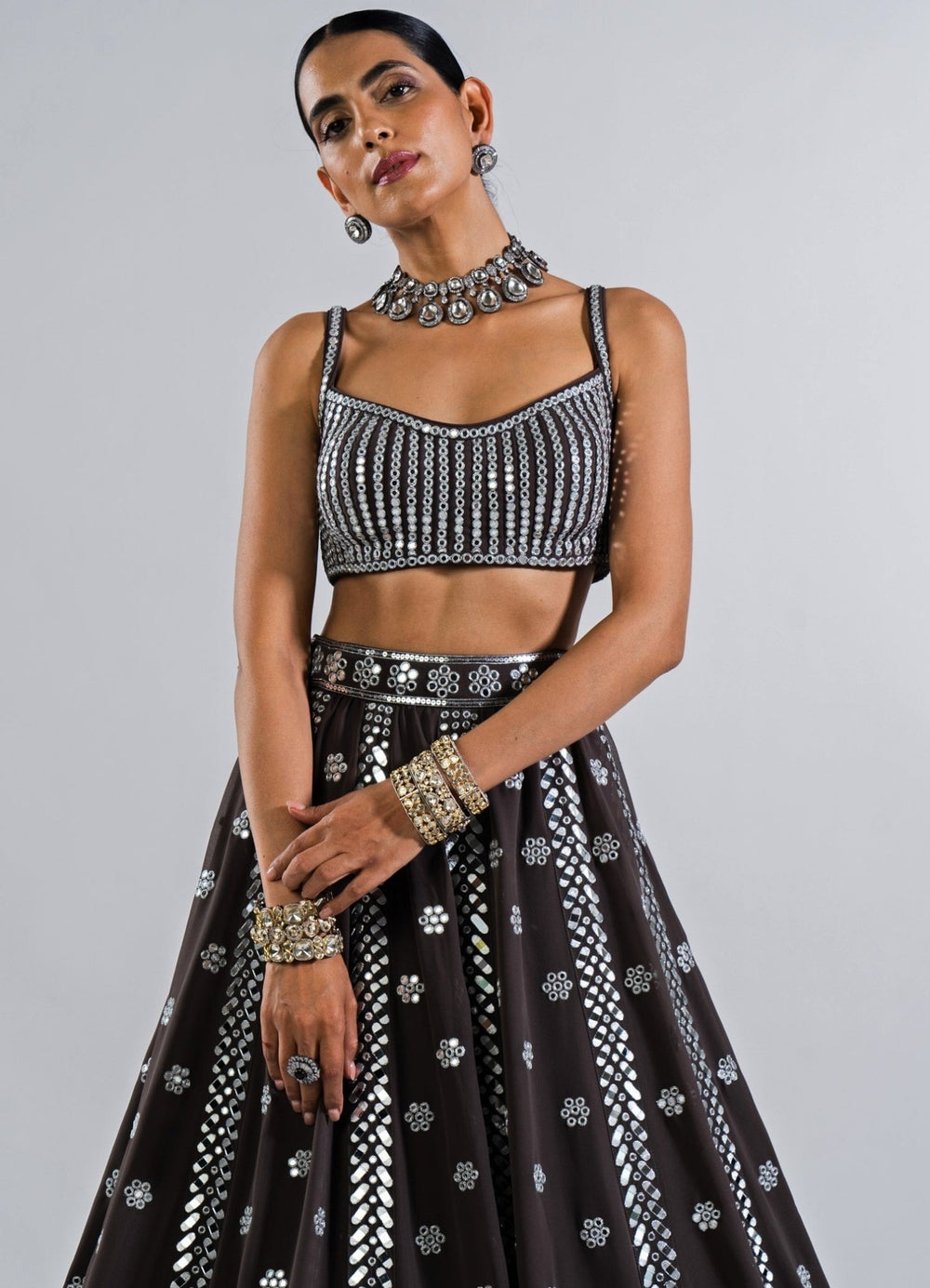 Charcoal Grey Flower Lehenga With a strappy mirror blouse Vvani by Vani Vats - Fabilicious Fashion