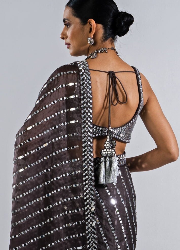 Charcoal Grey Heavy Mirror Work Saree With Metallic Sequinned Blouse Vvani by Vani Vats - Fabilicious Fashion