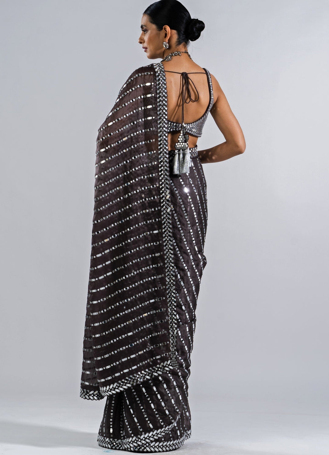 Charcoal Grey Heavy Mirror Work Saree With Metallic Sequinned Blouse Vvani by Vani Vats - Fabilicious Fashion
