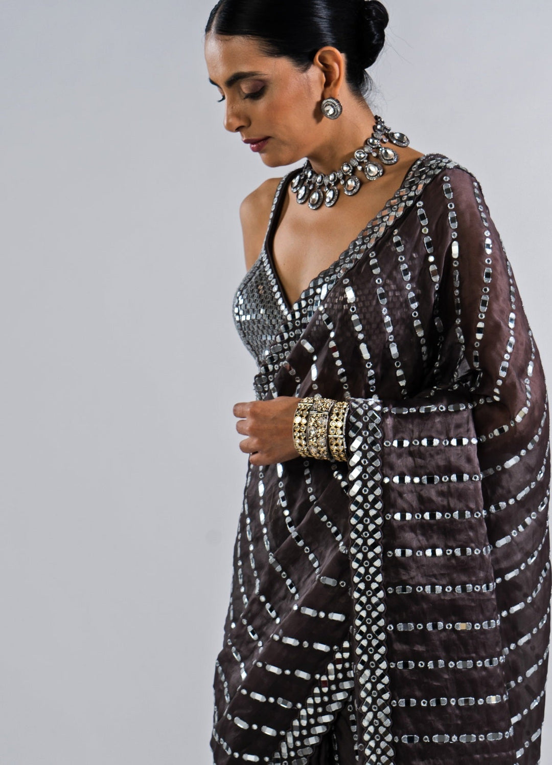 Charcoal Grey Heavy Mirror Work Saree With Metallic Sequinned Blouse Vvani by Vani Vats - Fabilicious Fashion