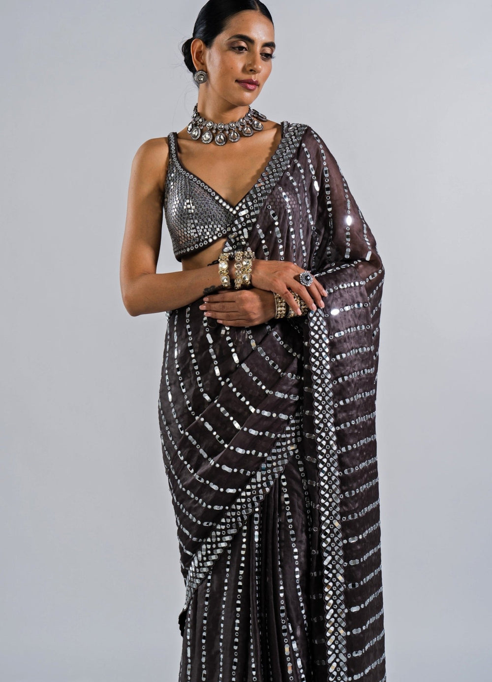Charcoal Grey Heavy Mirror Work Saree With Metallic Sequinned Blouse Vvani by Vani Vats - Fabilicious Fashion