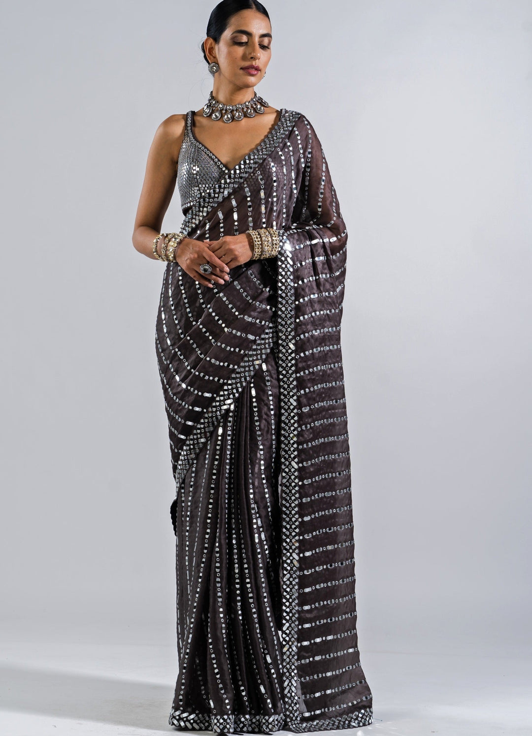 Charcoal Grey Heavy Mirror Work Saree With Metallic Sequinned Blouse Vvani by Vani Vats - Fabilicious Fashion