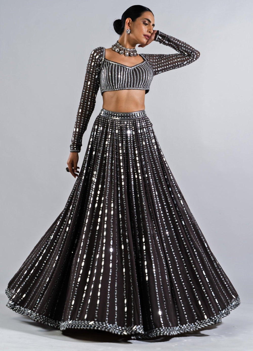 Charcoal Grey Linear Drop Lehenga Set. Vvani by Vani Vats - Fabilicious Fashion