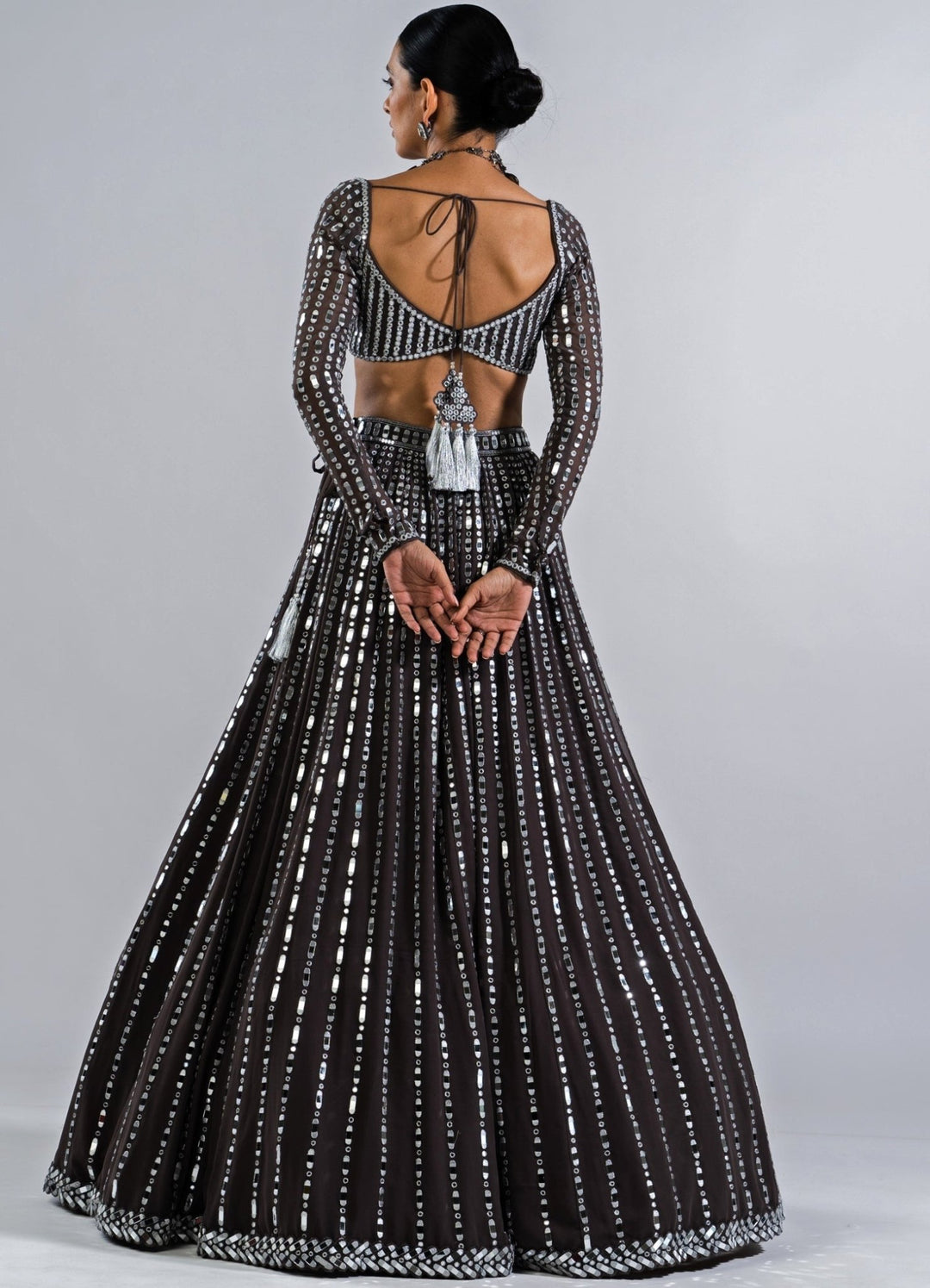 Charcoal Grey Linear Drop Lehenga Set. Vvani by Vani Vats - Fabilicious Fashion
