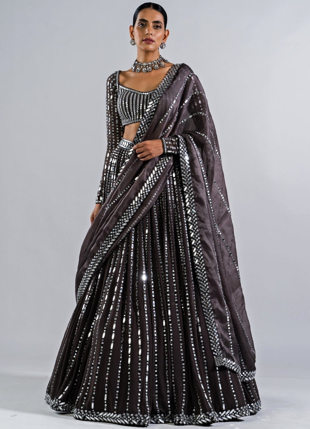 Charcoal Grey Linear Drop Lehenga Set. Vvani by Vani Vats - Fabilicious Fashion