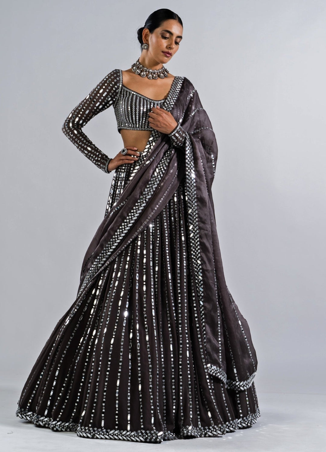 Charcoal Grey Linear Drop Lehenga Set. Vvani by Vani Vats - Fabilicious Fashion