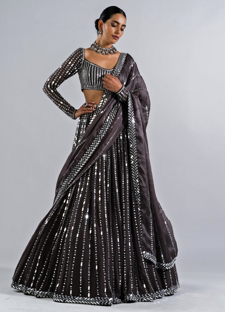Charcoal Grey Linear Drop Lehenga Set. Vvani by Vani Vats - Fabilicious Fashion