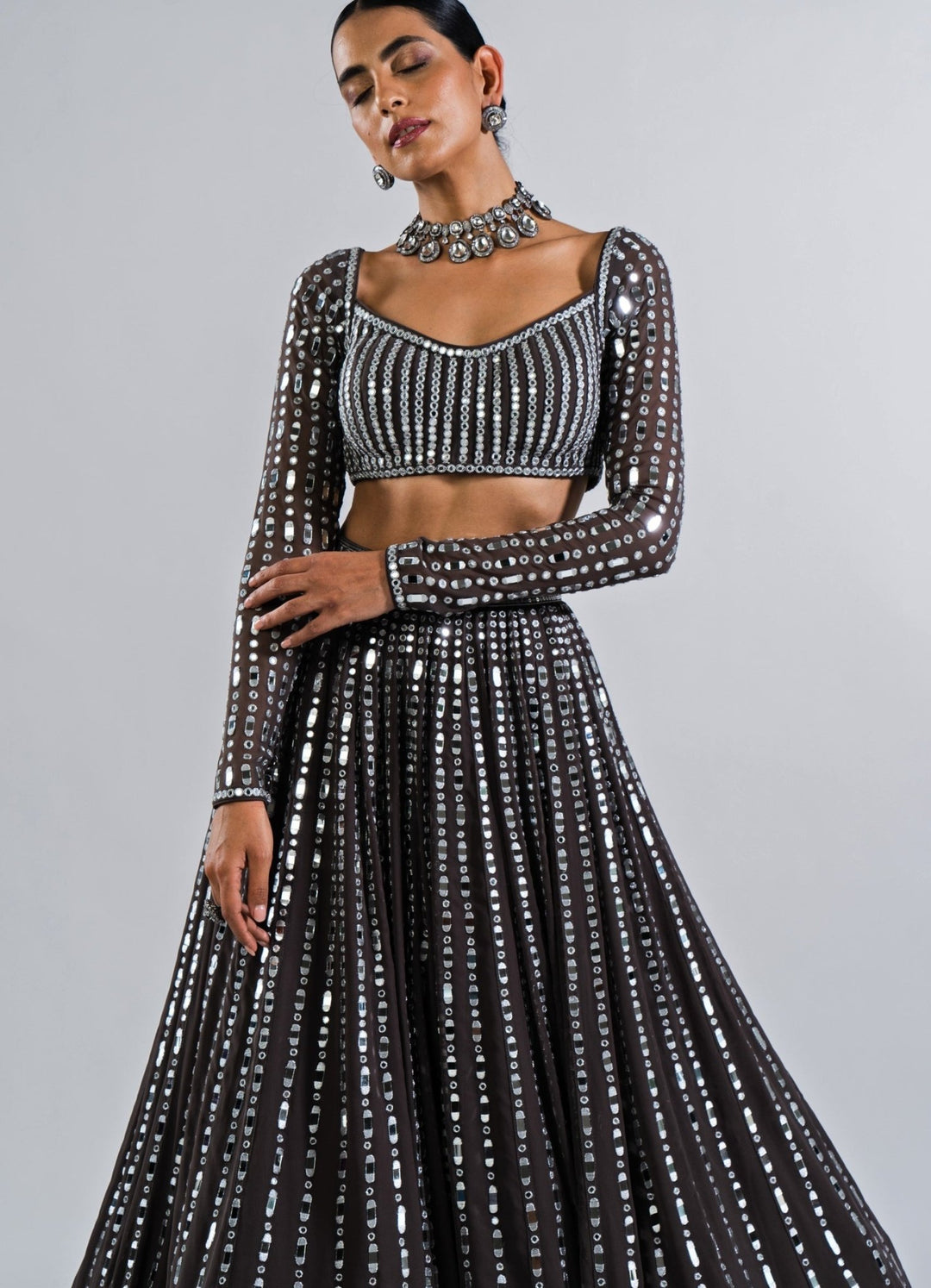 Charcoal Grey Linear Drop Lehenga Set. Vvani by Vani Vats - Fabilicious Fashion
