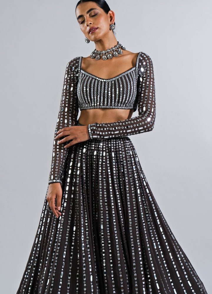 Charcoal Grey Linear Drop Lehenga Set. Vvani by Vani Vats - Fabilicious Fashion